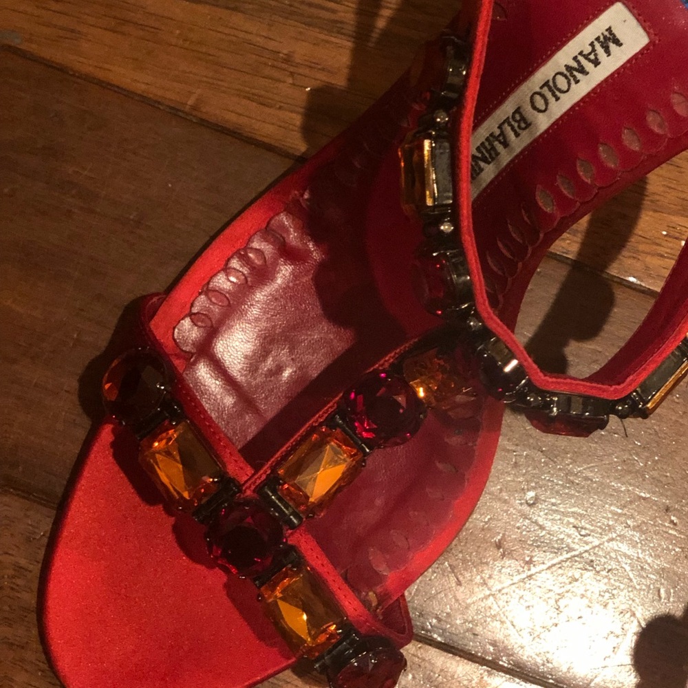 Manikin Blahnik red jeweled satin heels